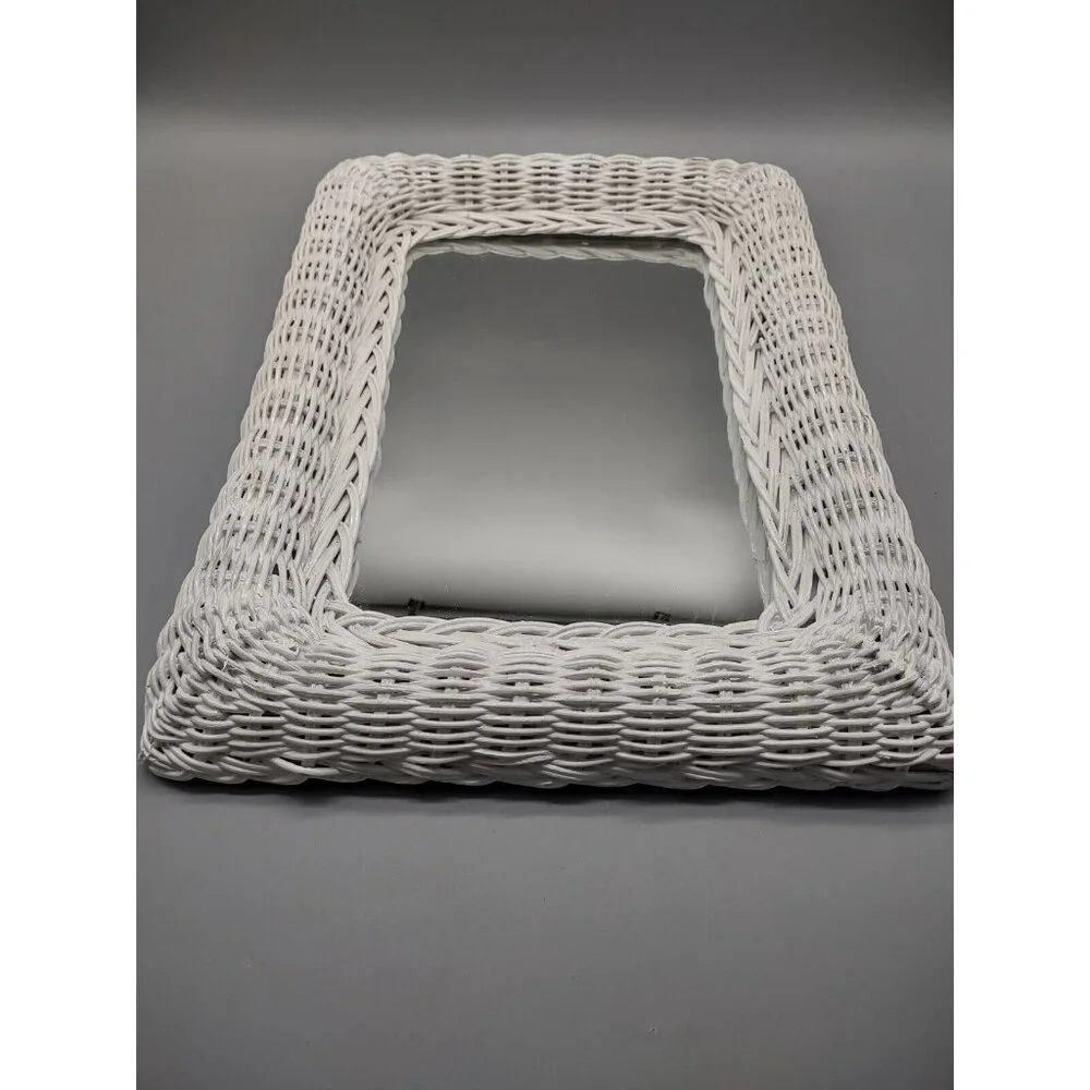 Vintage 1970s White Wicker Wall Mirror Cottage Retro, Rectangular 16